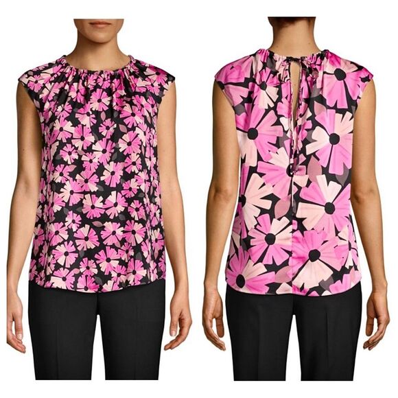 Kate Spade Wallflower Tie Neck Blouse Top Shell Pink Black Floral Printed S - Picture 1 of 7